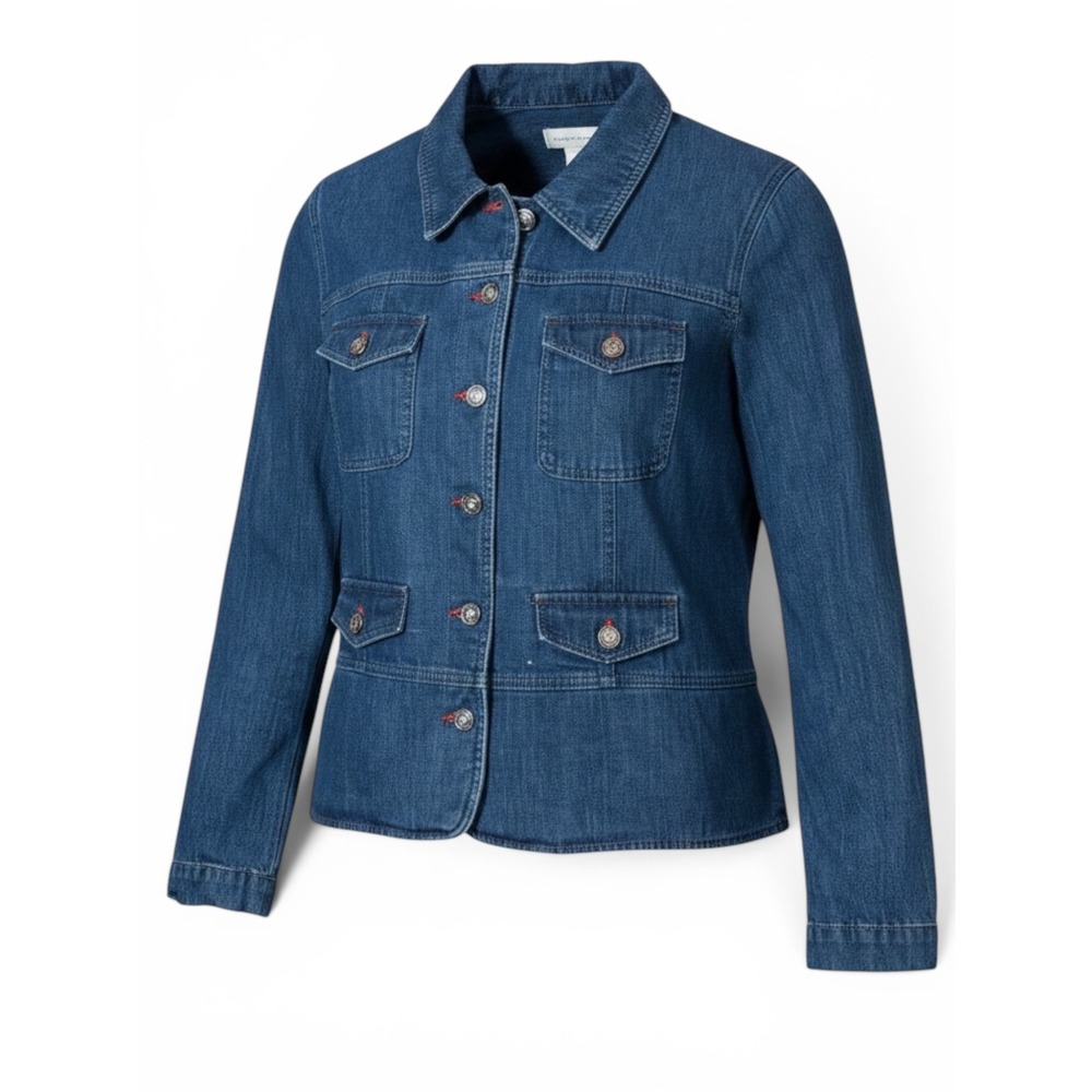 Christopher & Banks Womens Medium Wash Denim Trucker Jacket Red Stitch Size L